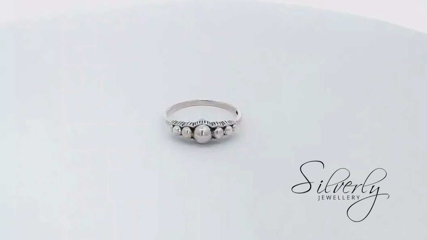 Sterling Silver Oxidised Boho Bali Style Ball Stackable Band Ring