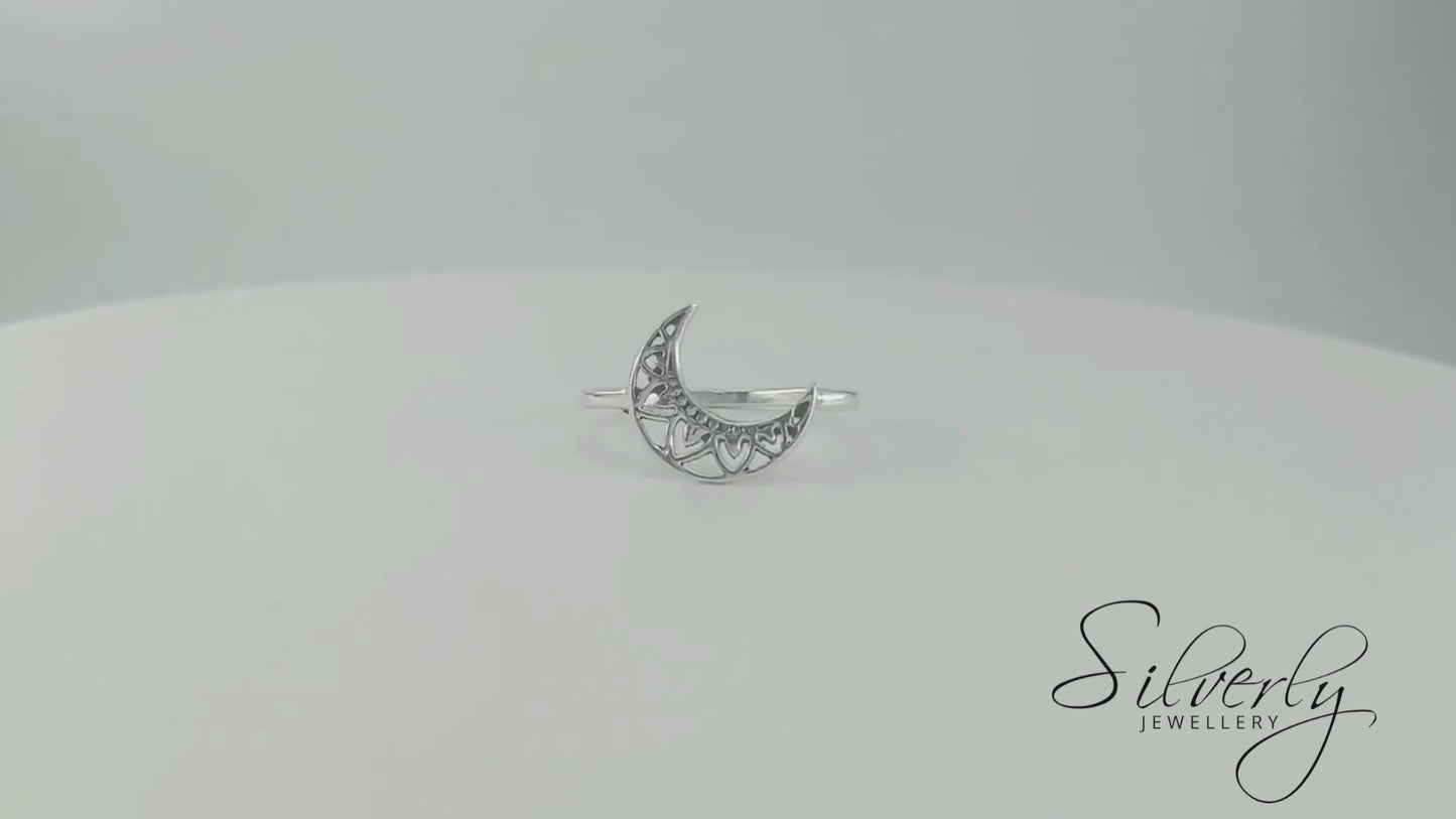 Sterling Silver Crescent Moon and Lotus Ring - Celestial Band
