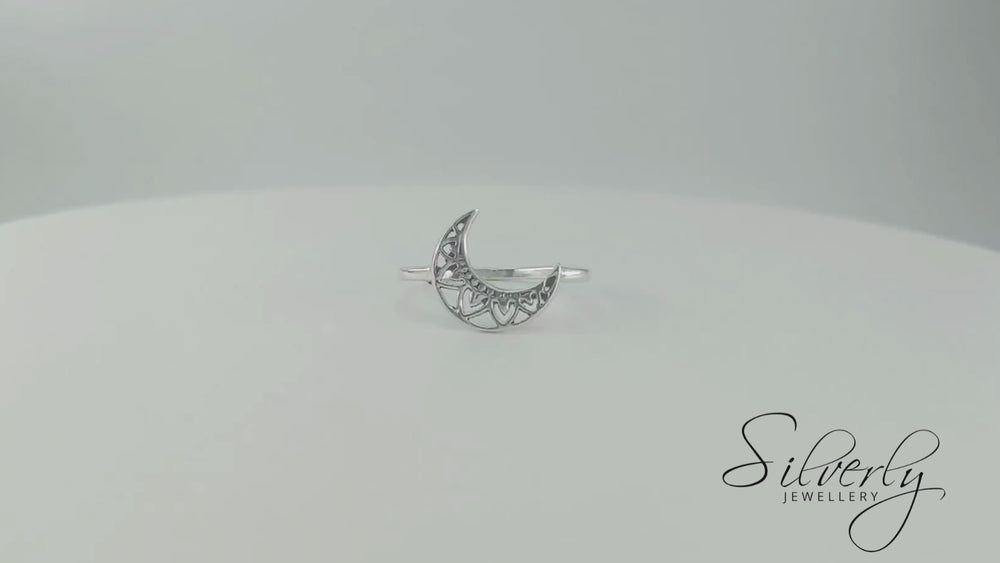 
                  
                    Load and play video in Gallery viewer, Sterling Silver Crescent Moon &amp;amp; Lotus Ring Stackable Hollow-Out Design
                  
                