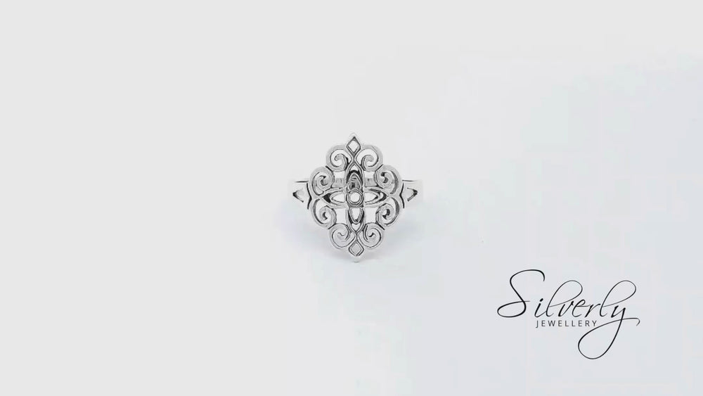 
                  
                    Load and play video in Gallery viewer, Sterling Silver  Diamond Shaped Filigree Swirl Ring Statement Band
                  
                