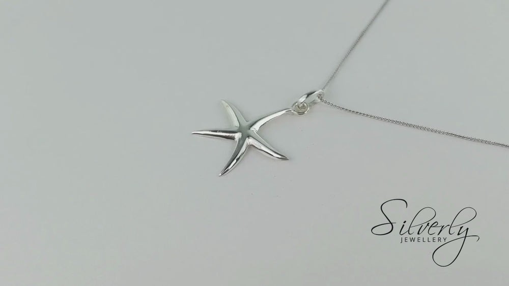 
                  
                    Load and play video in Gallery viewer, Sterling Silver Polished Starfish Pendant Necklace With 18&amp;quot; Chain
                  
                