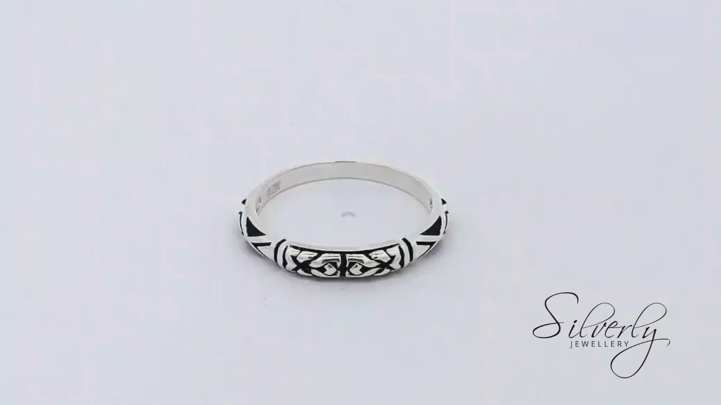 Sterling Silver Oxidised Pattern Stackable Band Ring Boho Jewellery