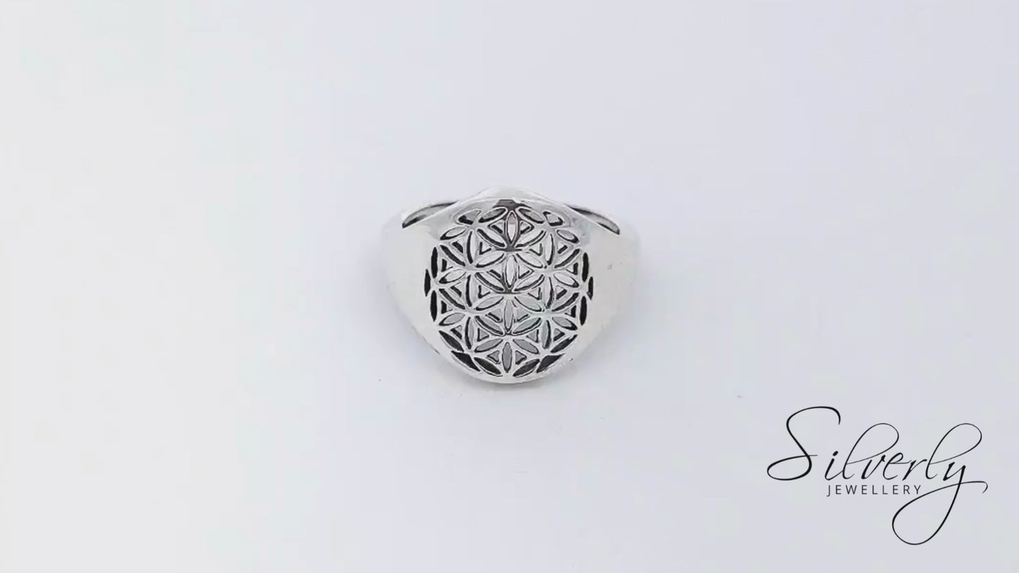 Sterling Silver Flower of Life Signet Ring - Sacred Geometry Design