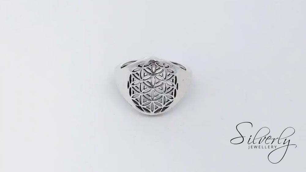 
                  
                    Load and play video in Gallery viewer, Sterling Silver Hollow-Out Flower of Life Medallion Signet Style Ring
                  
                