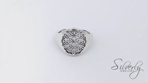 
                  
                    Load and play video in Gallery viewer, Sterling Silver Hollow-Out Flower of Life Medallion Signet Style Ring
                  
                