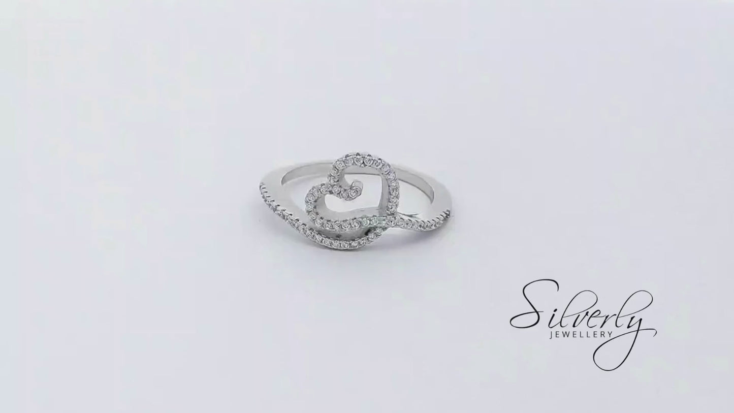 Sterling Silver Cubic Zirconia Heart Knot Swirl Twist Ring Sparkly Band