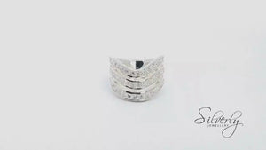 
                  
                    Load and play video in Gallery viewer, Sterling Silver Cubic Zirconia Channel Set Wide Triple Chevron Ring
                  
                