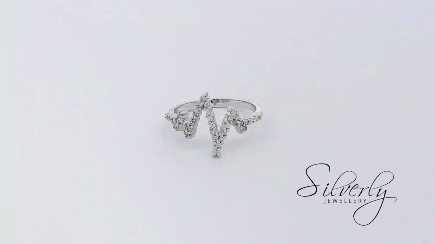 Sterling Silver Cubic Zirconia Pave Sparkly Heartbeat Zig Zag Ring