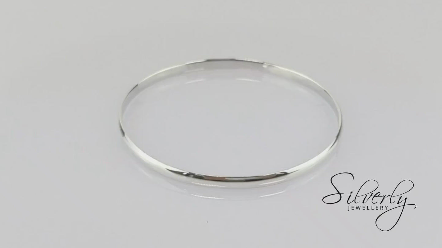 Sterling Silver Classic Thin D-Shape Round Bangle - Simple Stackable Bracelet