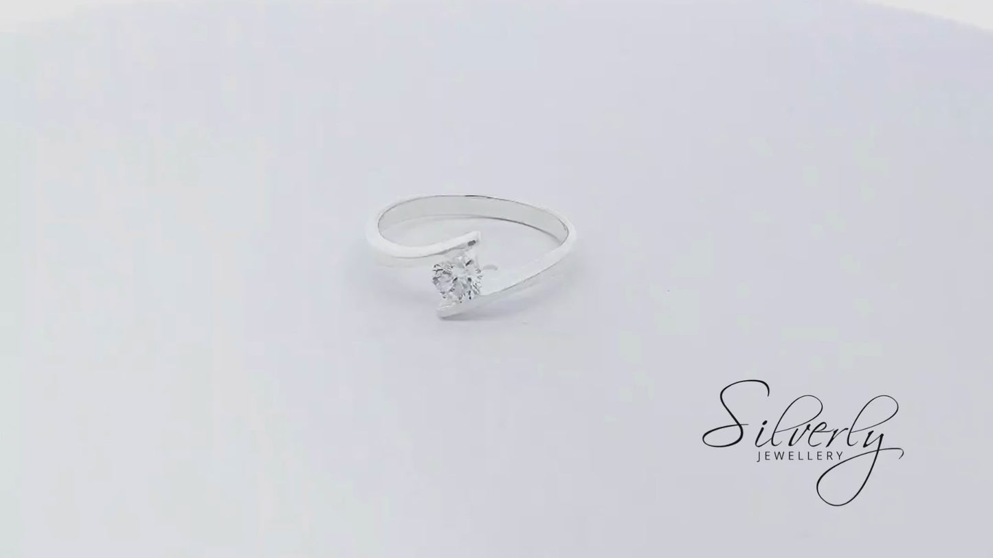 Sterling Silver Round Cubic Zirconia Solitaire Engagement Bypass Ring