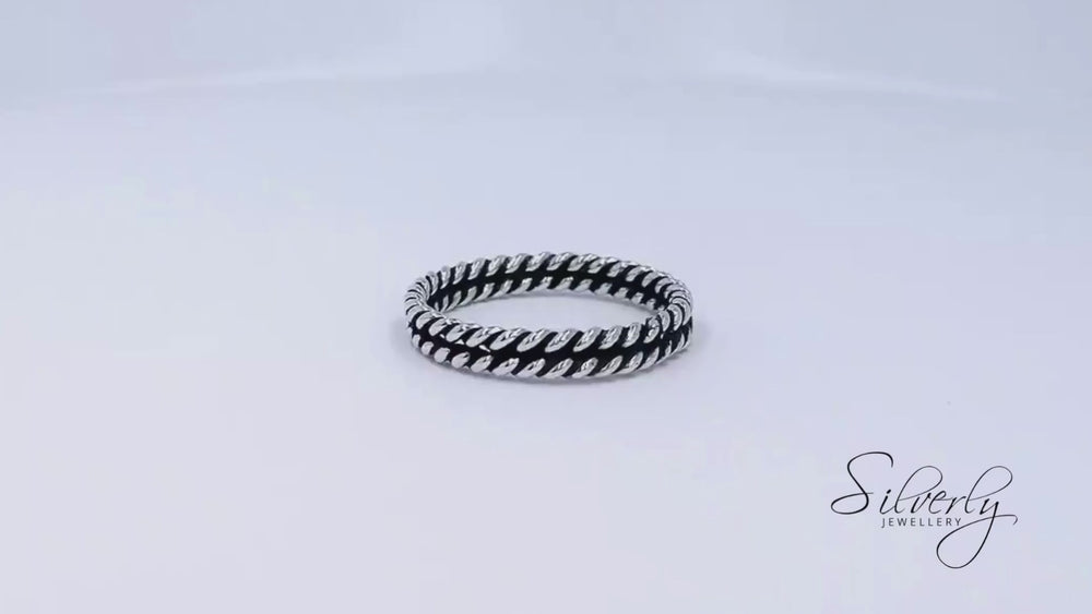
                  
                    Load and play video in Gallery viewer, Sterling Silver Oxidised Chunky Double Twisted Rope Ring Stacking Band
                  
                