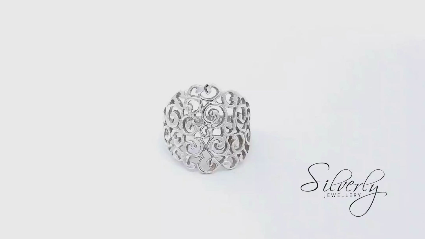 Sterling Silver Wide Filigree Spiral Pattern Ring Vintage Style