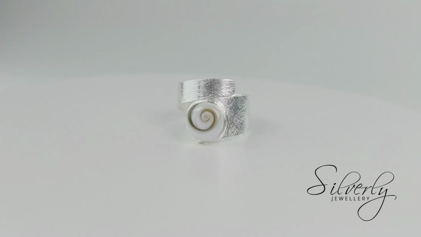 Sterling Silver Shiva Eye Shell Adjustable Wrap Ring - Satin Finish