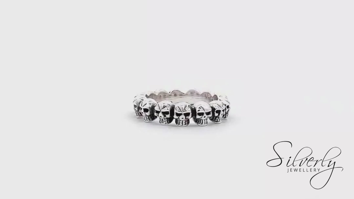 Sterling Silver Gothic Halloween Skeleton Skull Ring - Stackable Band