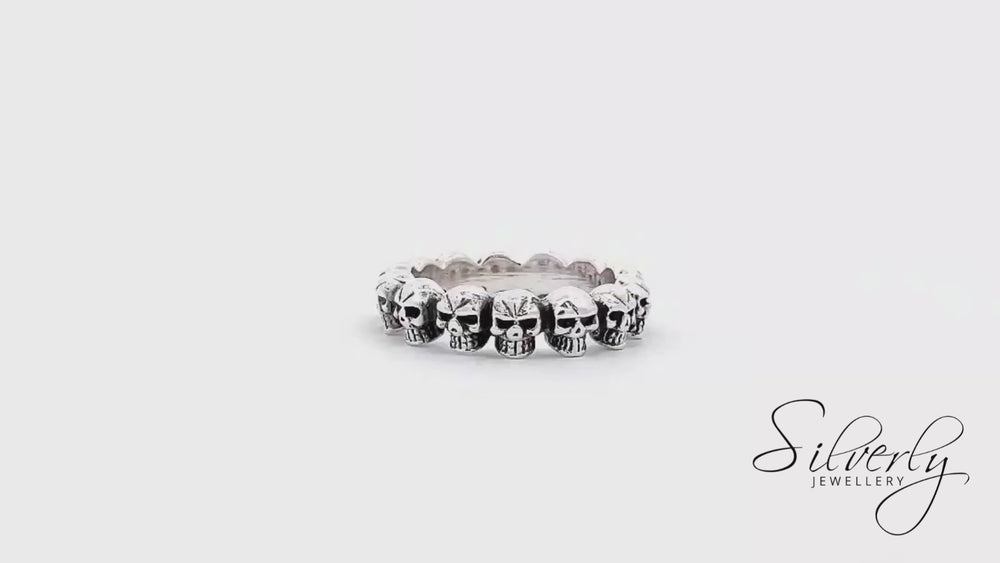 
                  
                    Load and play video in Gallery viewer, Sterling Silver Gothic Halloween Skeleton Skull Stackable Band Ring
                  
                