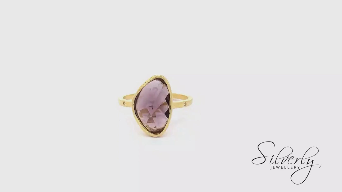Brushed Gold Plated Sterling Silver Irregular Purple Amethyst Ring