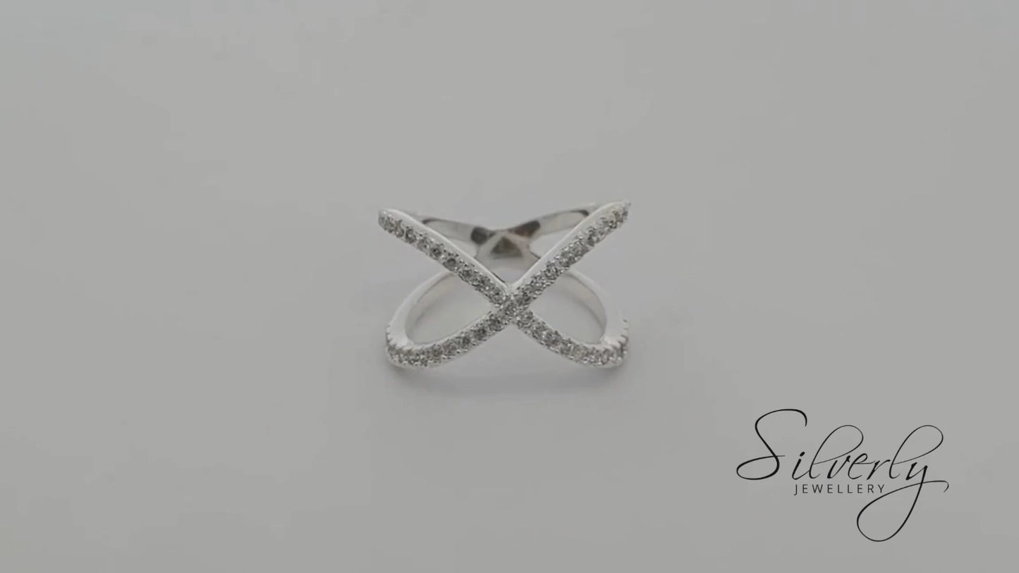 Sterling Silver Cubic Zirconia Pave Vintage Style X Criss Cross Ring