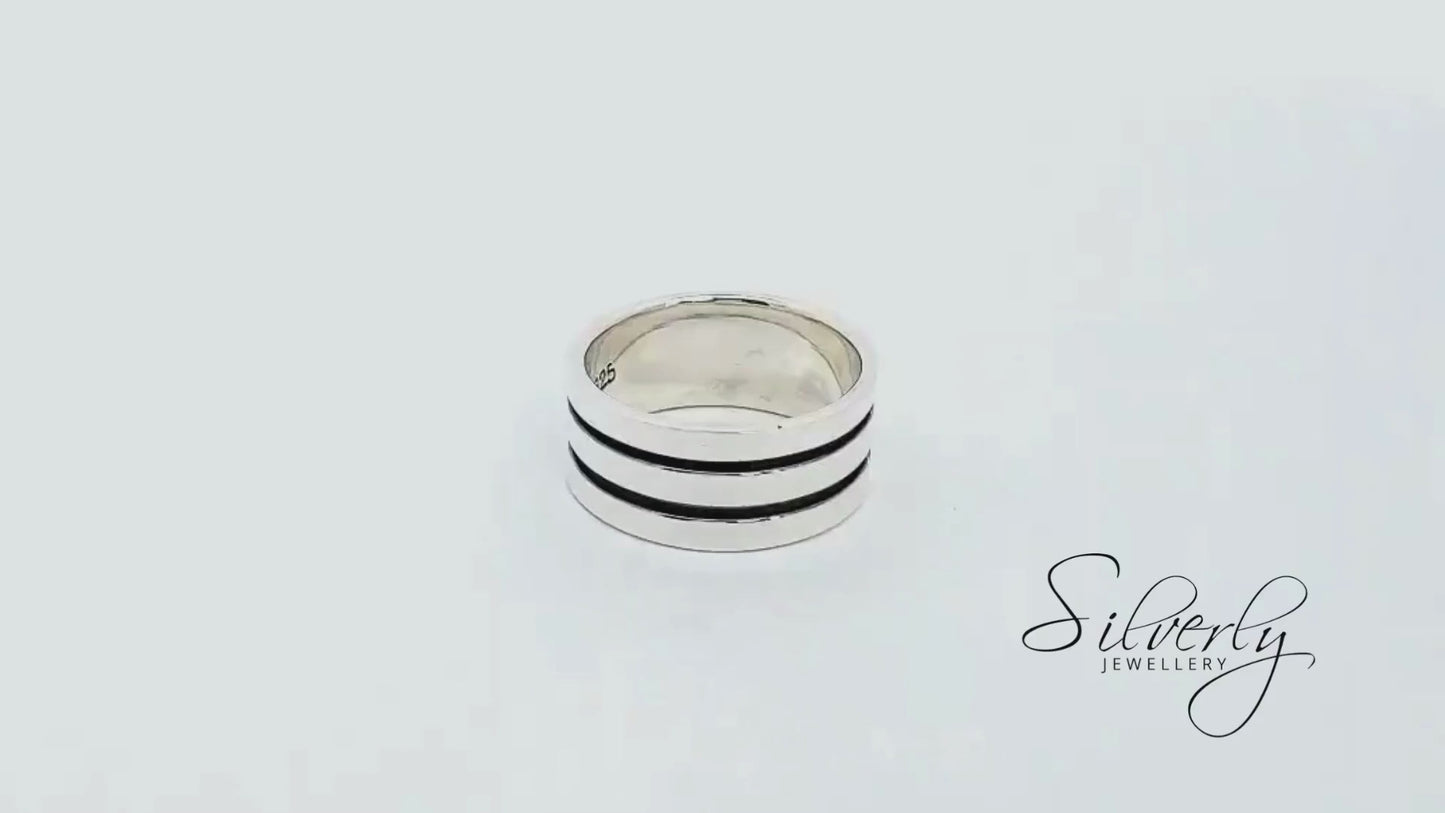 Sterling Silver Double Groove Flat-Edge Court Ring - Simple Cigar Band