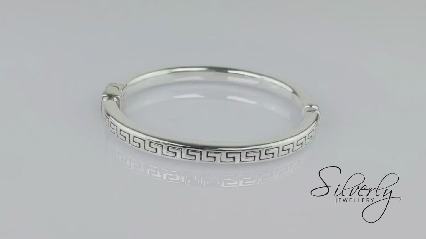Sterling Silver Greek Key Hinged Cuff Bangle Grecian Style Bracelet
