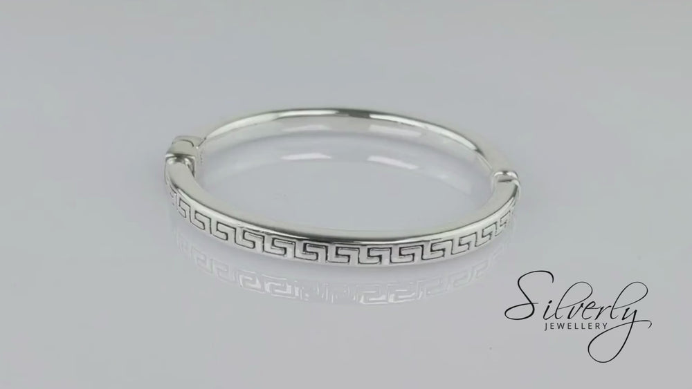 
                  
                    Load and play video in Gallery viewer, Sterling Silver Greek Key Hinged Cuff Bangle Grecian Style Bracelet
                  
                