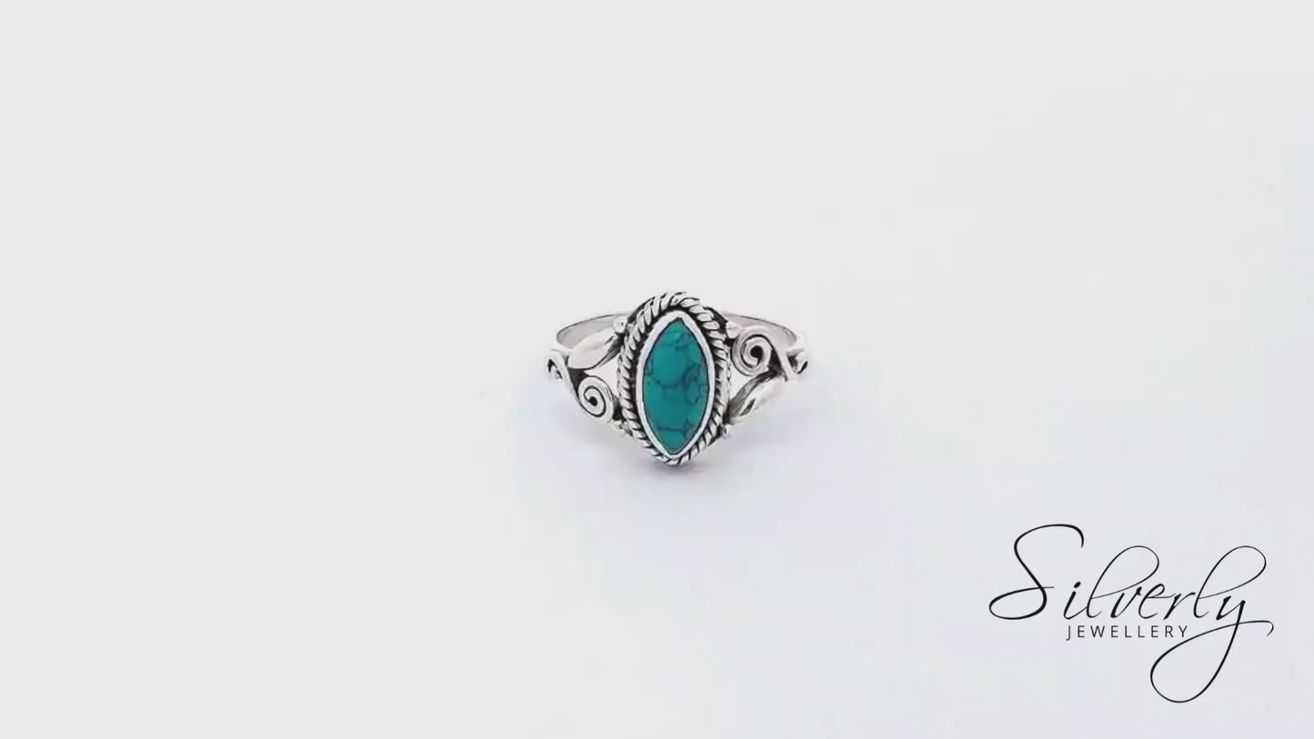 Sterling Silver Marquise Turquoise Indian Vintage Style Bohemian Ring