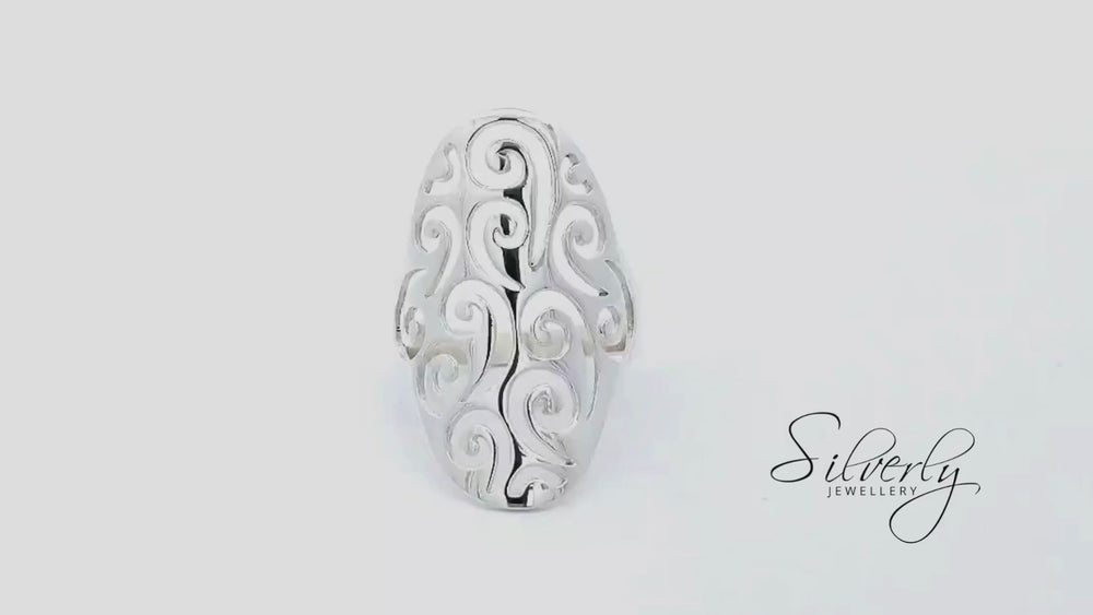 
                  
                    Load and play video in Gallery viewer, Sterling Silver Statement Filigree Armour Ring Spiral Cut-Out Pattern
                  
                