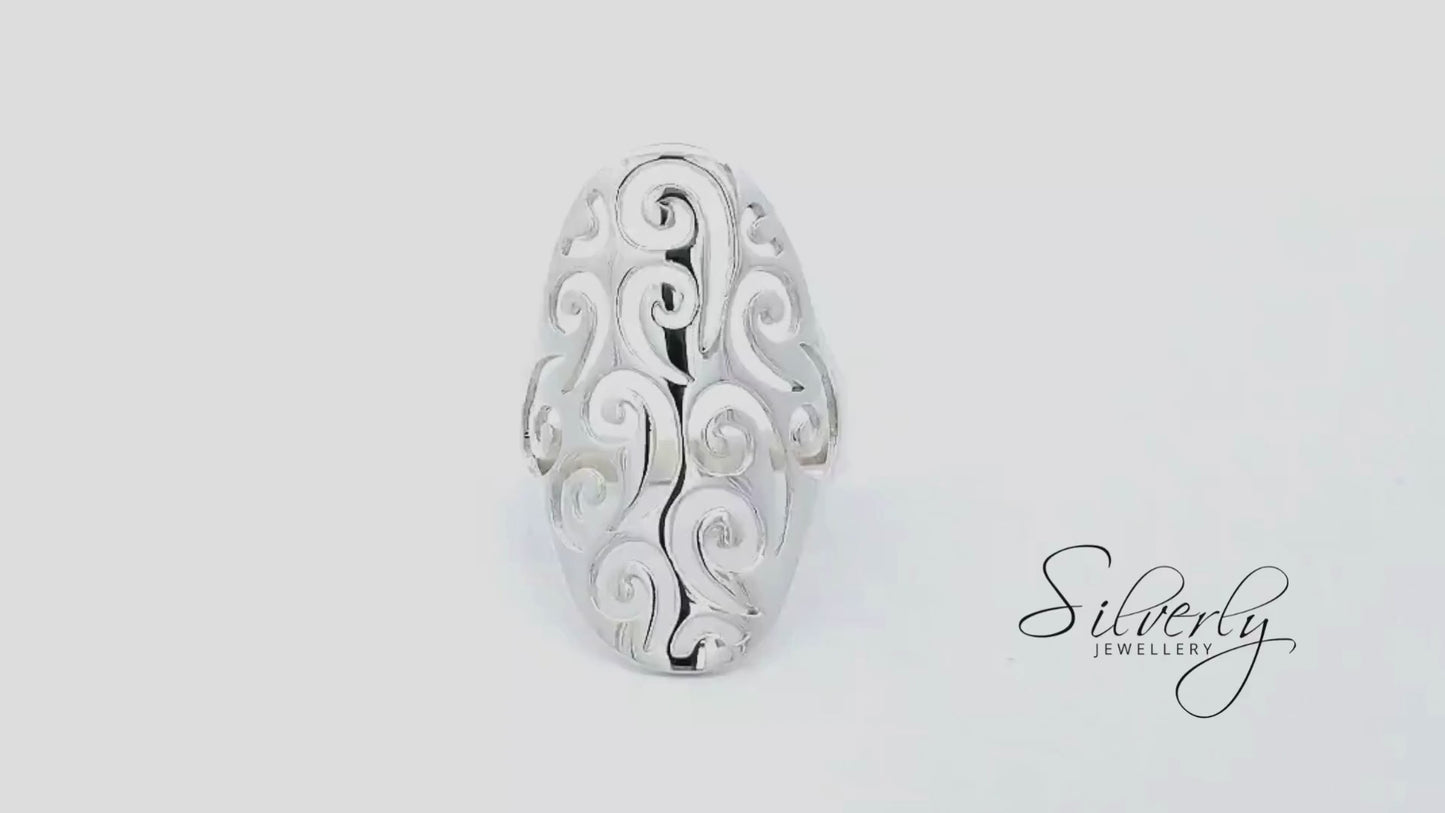 
                  
                    Load and play video in Gallery viewer, Sterling Silver Statement Filigree Armour Ring Spiral Cut-Out Pattern
                  
                