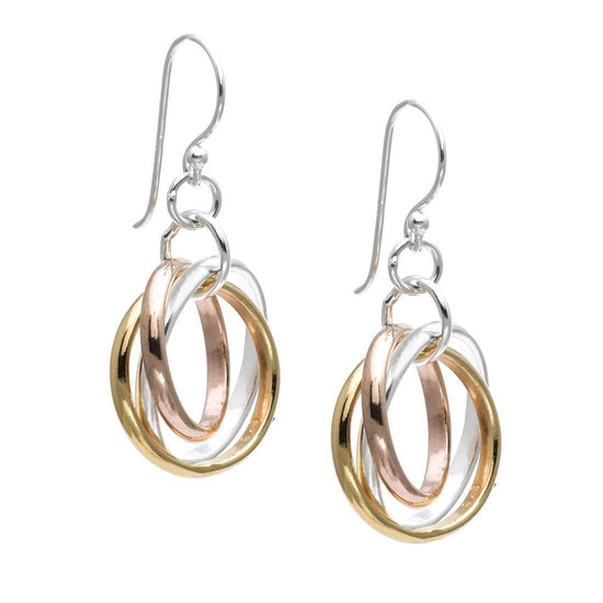 Rose Yellow Gold Plated Sterling Silver Three Tone Triple Circle Earrings Russian Wedding Style