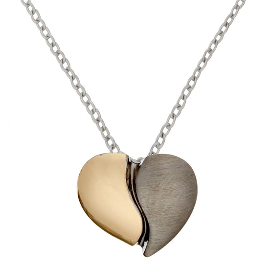 Gold Plated Sterling Silver Brushed Two Tone Half Heart Pendant Necklace