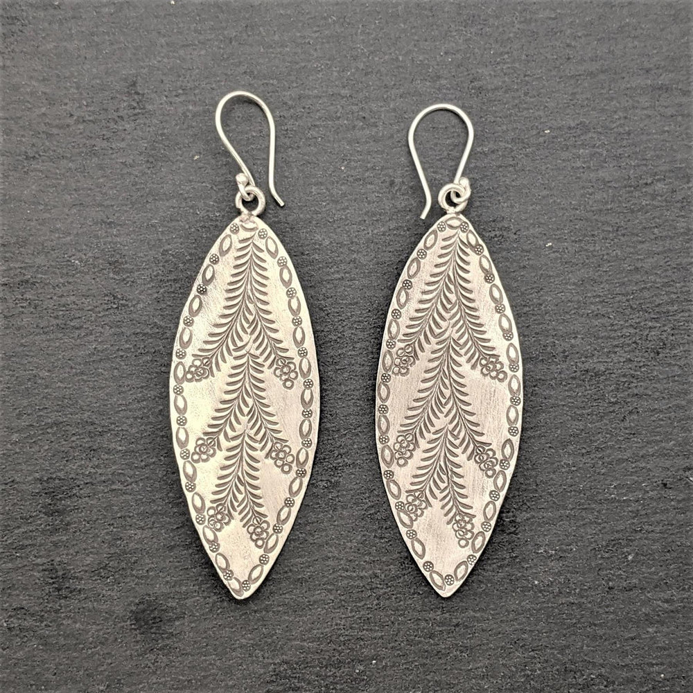 
                  
                    Karen Hill Tribe Silver Leaf Shaped Flower Motif Dangle Earrings
                  
                