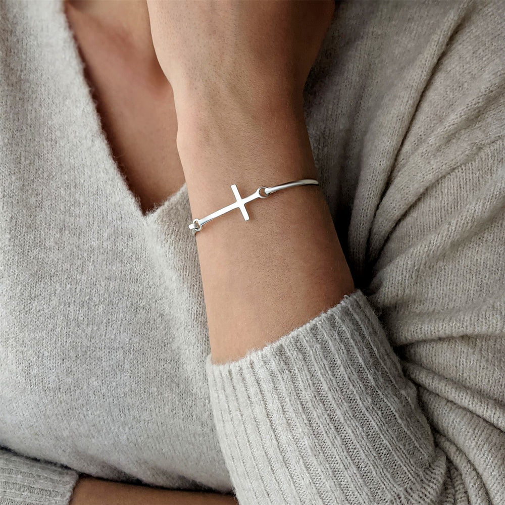 
                  
                    Sterling Silver Classic Cross Bangle With Hook Clasp Simple Design
                  
                