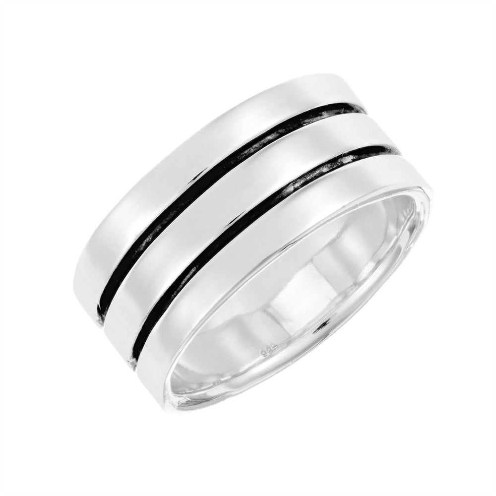 Sterling Silver Flat Court Band Classic Double Groove Black Line Ring