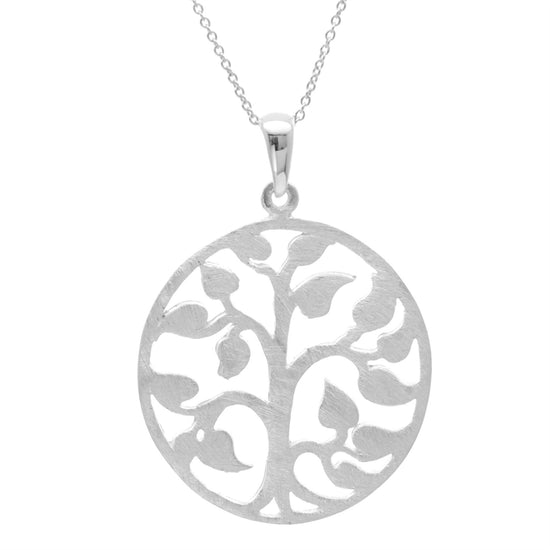 Sterling Silver Satin Finish Large Round Tree Leaf Pendant Necklace