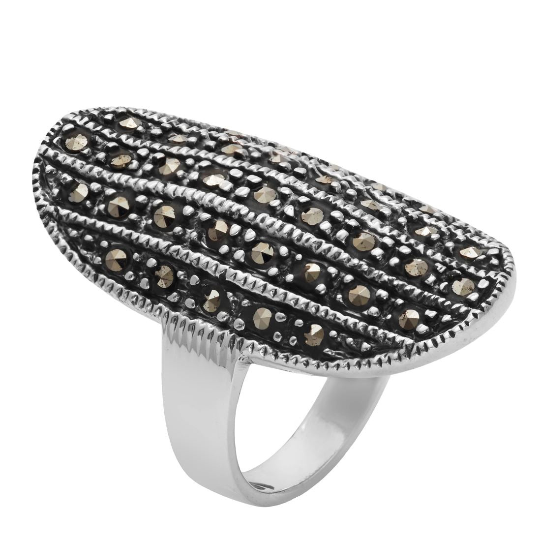 Sterling Marcasite Art Deco Style Long Oval Full Finger Ring