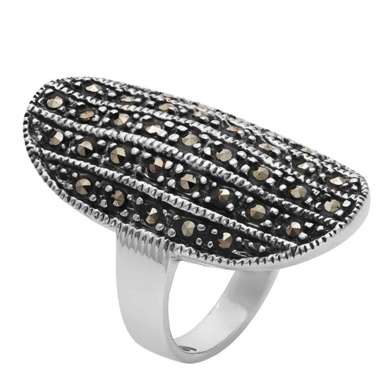 Sterling Silver Marcasite Art Deco Style Long Oval Half-Finger Ring