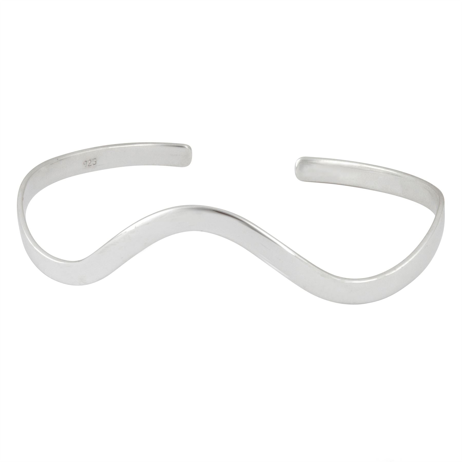 Sterling Flat Band Wavy Curved Adjustable Open Cuff Bangle