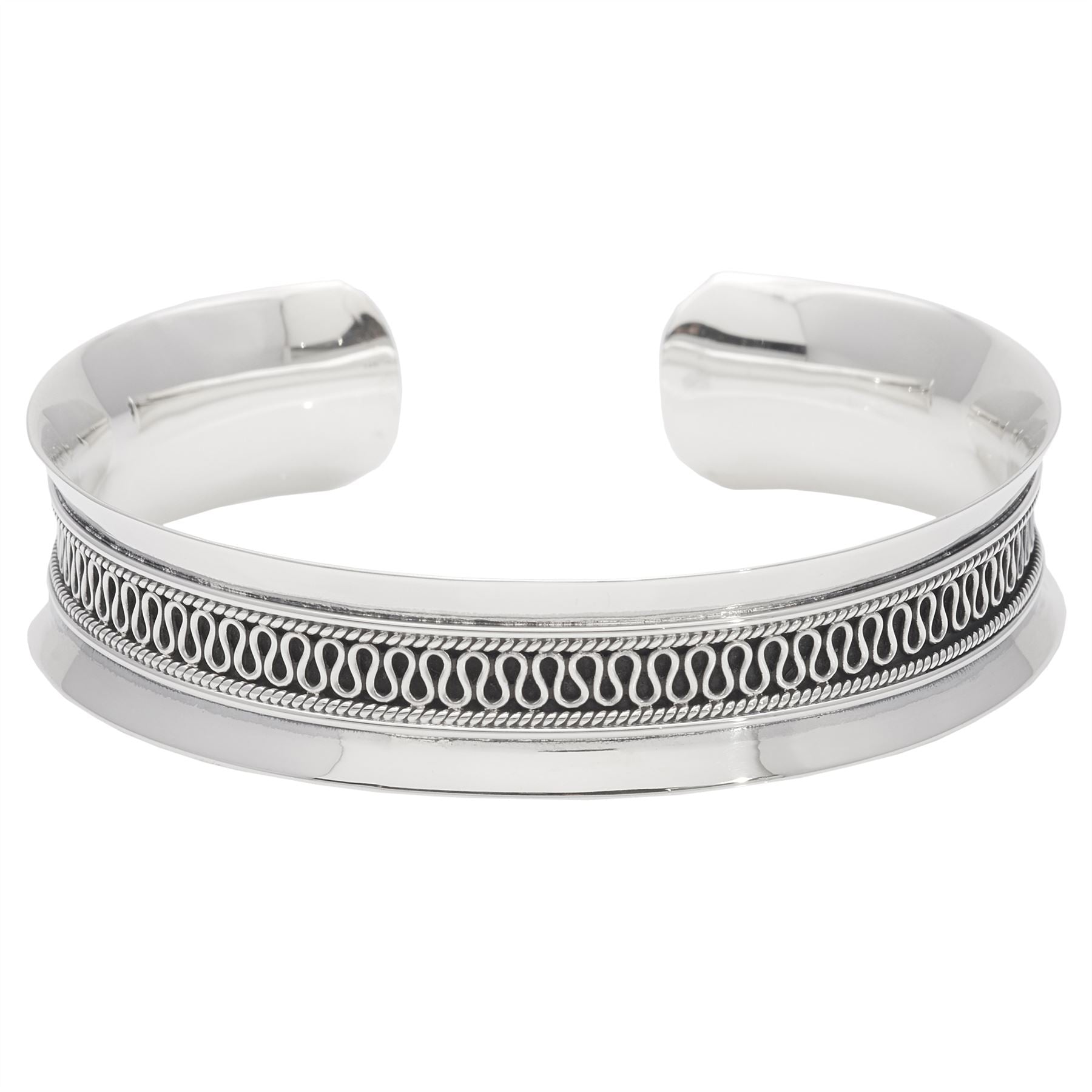 Sterling Balinese Ruffles Rope Pattern Concave Cuff Bracelet
