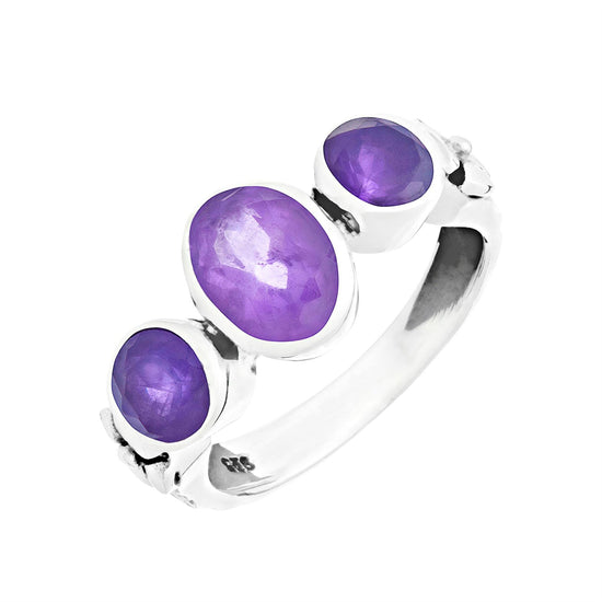 Sterling Silver Triple Oval Amethyst Gemstone Three Stone Trilogy Ring