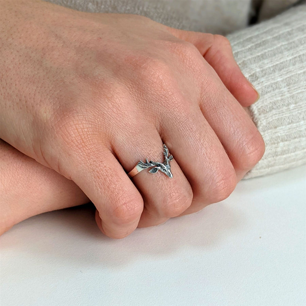 
                  
                    Sterling Silver Horned Deer Stag Buck Antler Ring Animal Band
                  
                