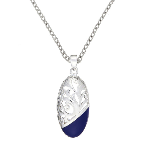 Sterling Silver Vintage Style Blue Enamel Dipped Filigree Oval Pendant Necklace
