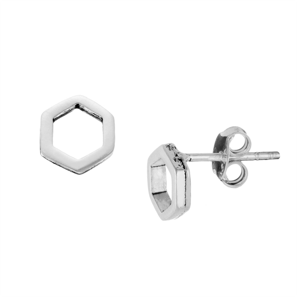 Sterling Silver Small Cut-Out Hexagon Stud Earrings Geometric Studs