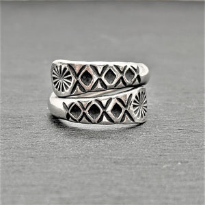 
                  
                    Karen Hill Tribe Silver Wraparound Engraved Flower Motif Ring
                  
                