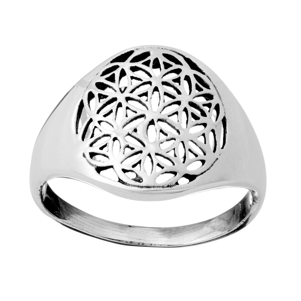 Sterling Silver Hollow-Out Flower of Life Medallion Signet Style Ring