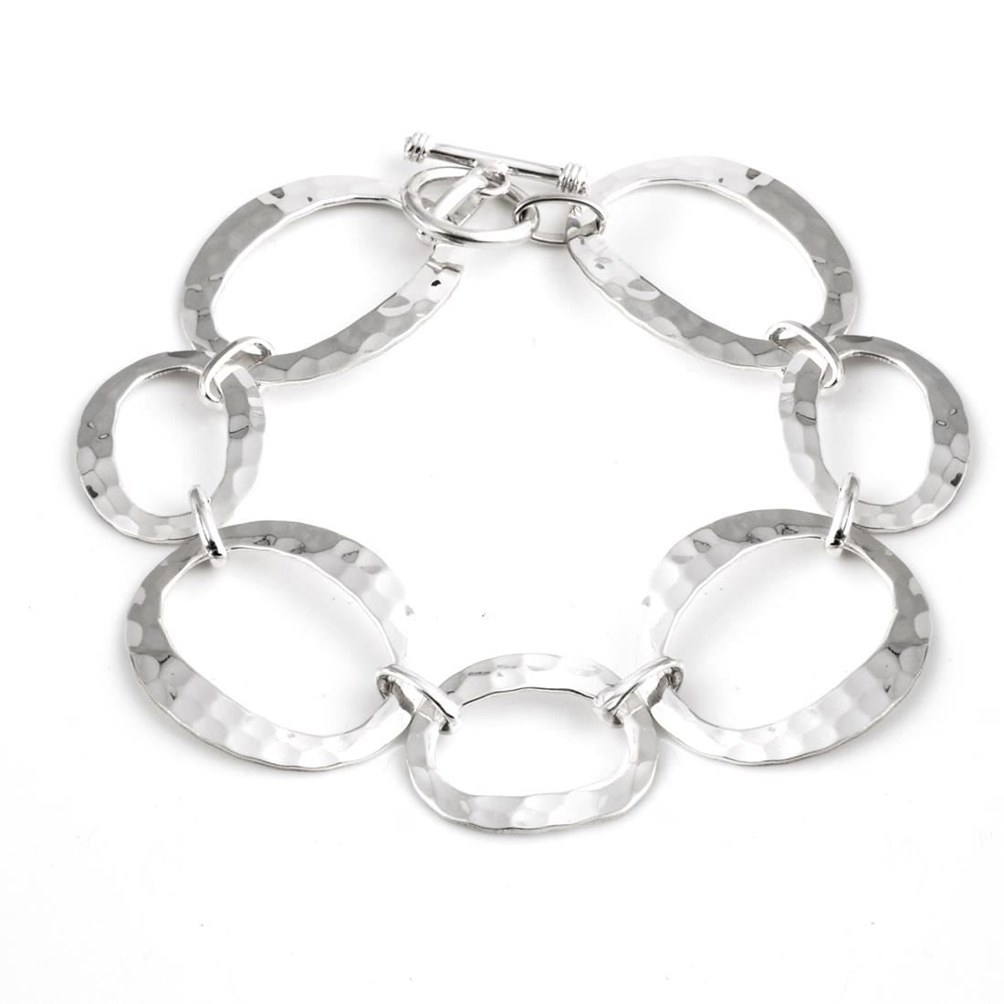 Sterling Hammered Open Circles Oval Link Bracelet Toggle Clasp