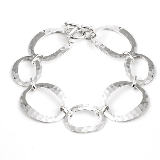 Sterling Silver Hammered Open Circles Oval Link Bracelet Toggle Clasp