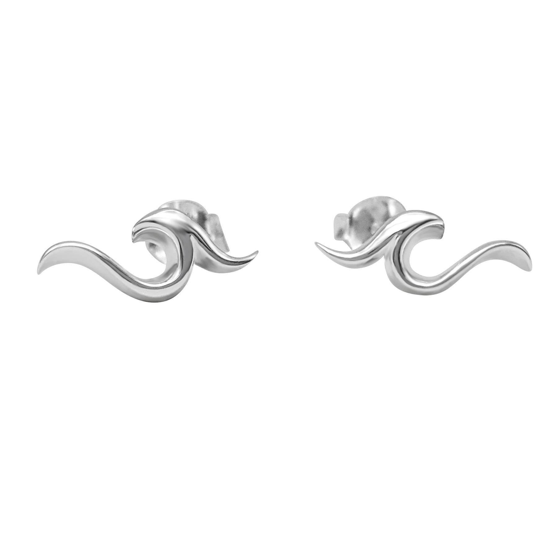 A pair of sterling silver stud earrings with a simple sea wave design.