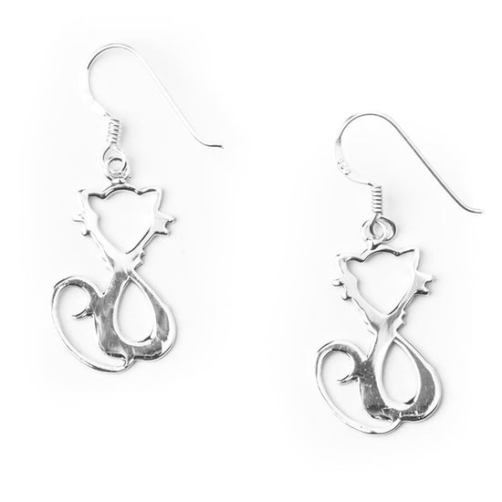 Sterling Silver Small Cut-Out Cat Kitten Pet Dangle Earrings
