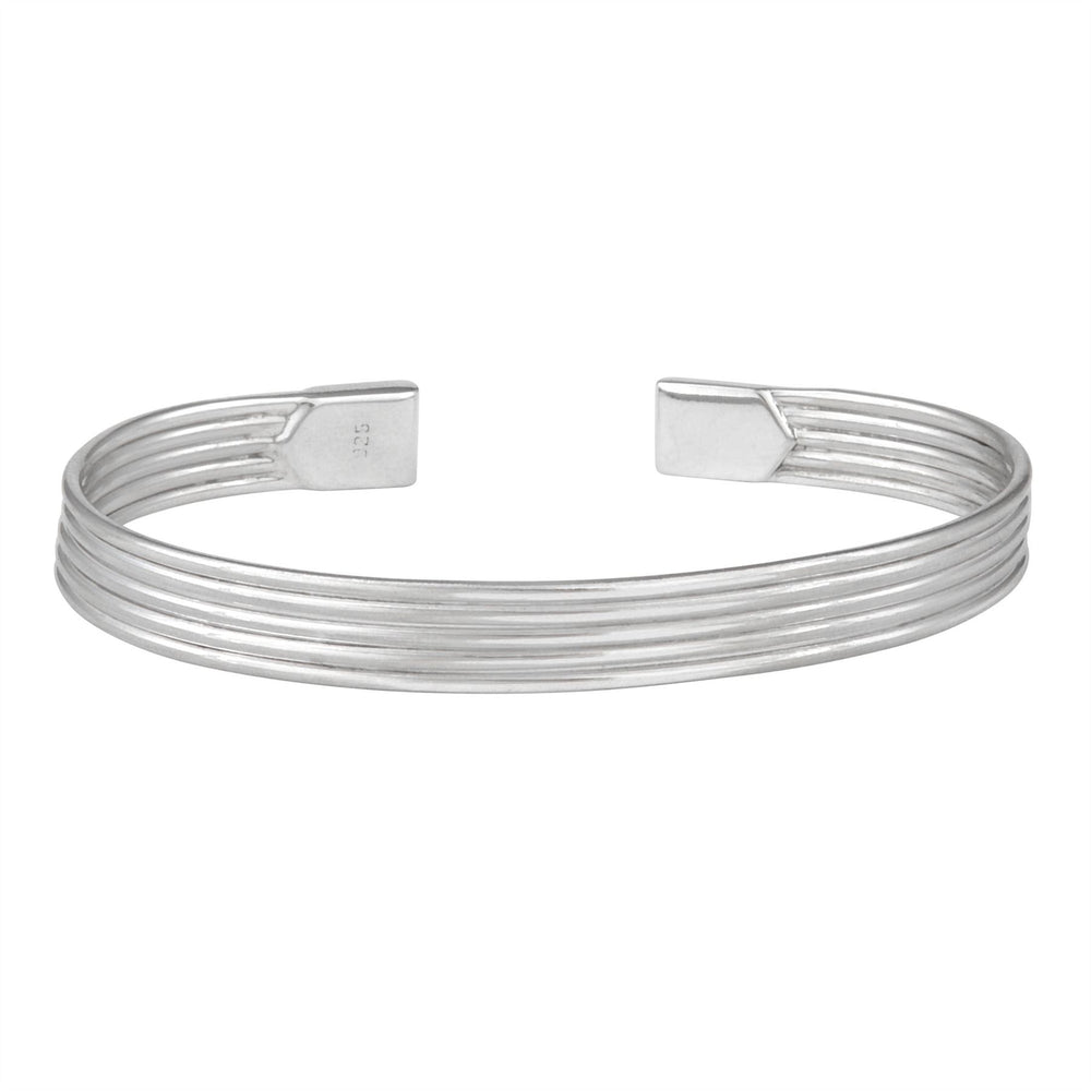 Sterling Silver Simple Flat Grooved Band Adjustable Cuff Bracelet