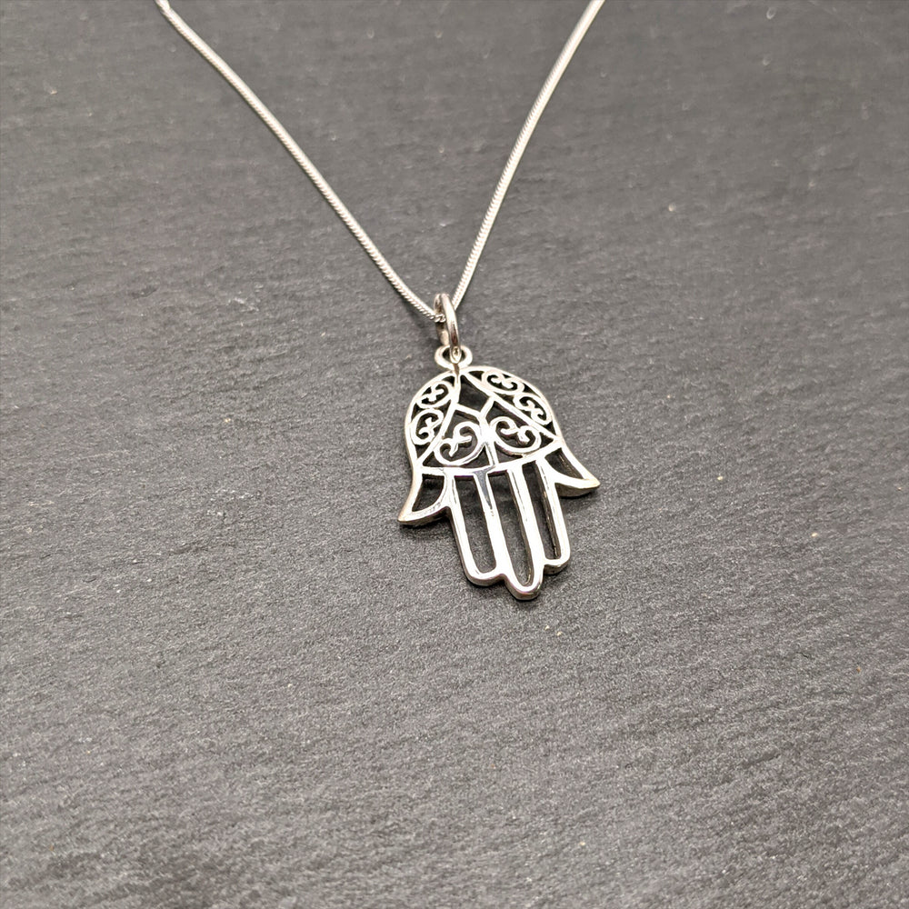 
                  
                    Sterling Silver Cut-Out Filigree Hamsa Fatima Hand Pendant Necklace
                  
                