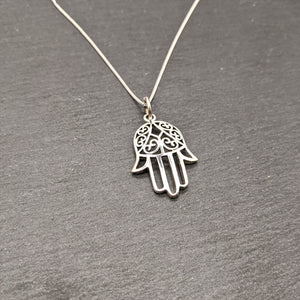 
                  
                    Sterling Silver Cut-Out Filigree Hamsa Fatima Hand Pendant Necklace
                  
                